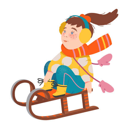 Little Girl in Warm Earmuffs and Scarf Sledging Vector Illustrationのイラスト素材