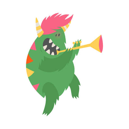 Comic Monster with Horns Playing Trumpet Vector Illustrationのイラスト素材