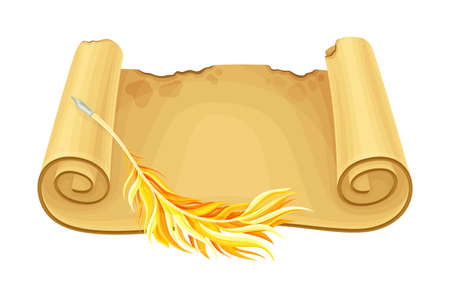 Old Scroll or Curved Manuscript with Quill Vector Illustrationのイラスト素材