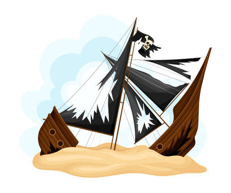 Ruined Pirate Ship or Vessel with Ripped Black Sail Rested on Sand Vector Illustrationのイラスト素材