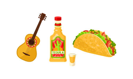 Mexican Symbols with Tequila Drink in Bottle and Stuffed Taco Vector Setのイラスト素材