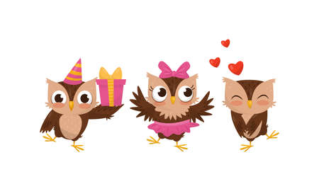 Cute Owl Carrying Gift Box and Fallen in Love Vector Setのイラスト素材