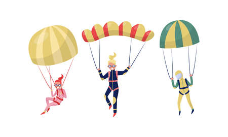 People Characters Jumping with Parachute Vector Illustration Setのイラスト素材