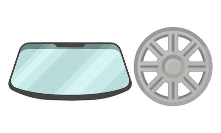 Car and Auto Spare Parts with Wind Screen and Wheel Rim Vector Setのイラスト素材