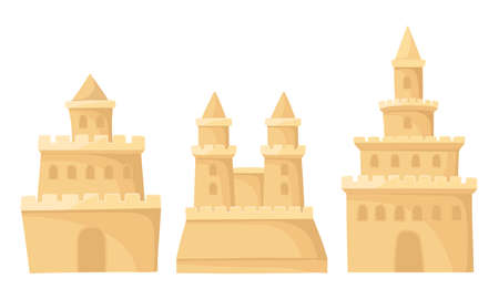 Built Sand Castle with Towers and Windows Vector Setのイラスト素材