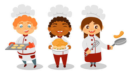 Cute Kids Chef in Hat Holding Roasted Chicken and Baked Cookies Vector Setのイラスト素材