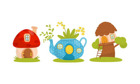 Small Fairytale Houses for Gnome or Dwarf Vector Setのイラスト素材