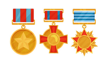 Star and Cross War Medal with Ribbon as Decoration Vector Setのイラスト素材