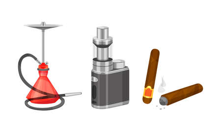 Cigarette with Tobacco and Hookah with Glass Water Basin Vector Setのイラスト素材