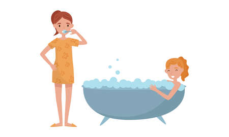 Young Female Brushing Her Teeth and Having Bath Vector Illustration Setのイラスト素材