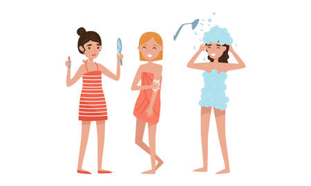 Young Female Having Shower, Rubbing Lotion in Skin and Applying Make-up Vector Illustration Setのイラスト素材