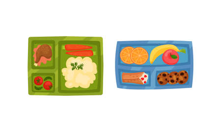Food Tray with Sections Filled with Snack and Nutrition Vector Setのイラスト素材