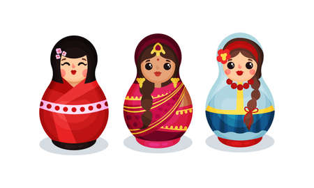 Nesting Dolls in Colorful Costumes of Different Countries Vector Setのイラスト素材