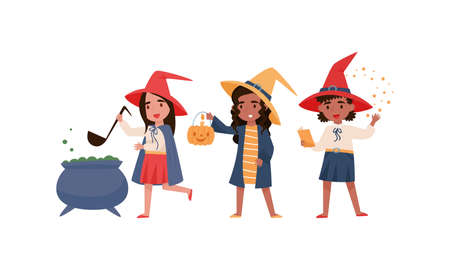 Little Girl Witch in Conical Hat Cooking Magic Potion in Cauldron and Learning Spell Vector Setのイラスト素材