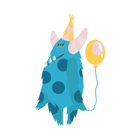 Hairy Monster with Spotted Body in Birthday Hat Holding Balloon Vector Illustrationのイラスト素材