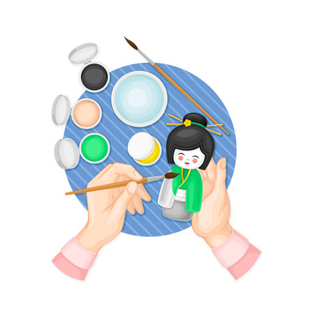 Hands Painting Ceramic Doll with Colored Paint as Handmade Craft Vector Illustrationのイラスト素材