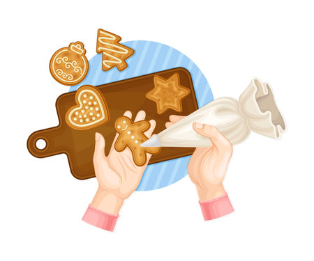 Hands Decorating Gingerbread Cookie with Sugar Glaze Vector Illustrationのイラスト素材