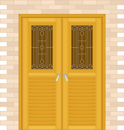 Double Door with Ornamental Window and Doorknob as Building Entrance Exterior Vector Illustrationのイラスト素材
