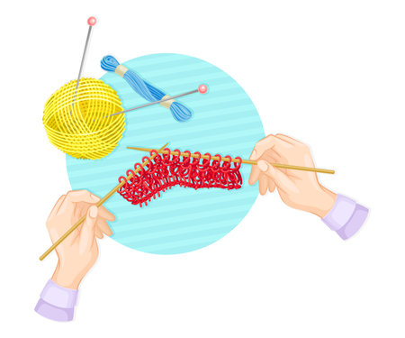 Hands Knitting with Needle and Yarn as Handmade Craft Vector Illustrationのイラスト素材
