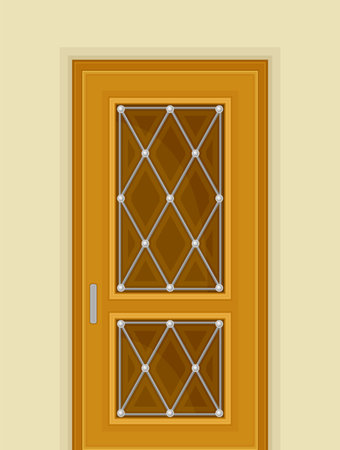 Wooden Door with Window and Rhombus Ornate as Building Entrance Exterior Vector Illustrationのイラスト素材