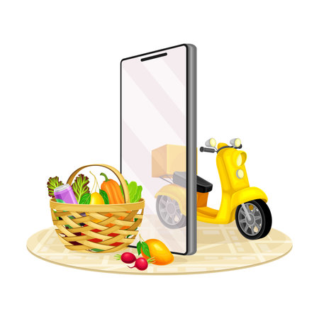 Food Basket, Smartphone and Scooter as Online Shop Delivery Vector Illustrationのイラスト素材