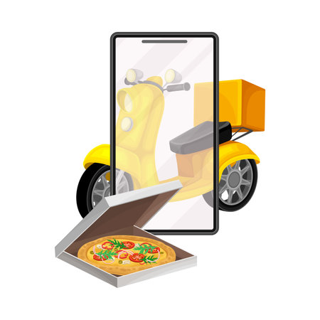 Pizza and Scooter with Mobile Phone Screen as Online Restaurant Delivery Vector Illustrationのイラスト素材
