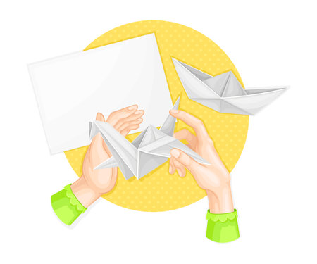 Hands Engaged in Origami or Art of Paper Folding as Handmade Craft Vector Illustrationのイラスト素材