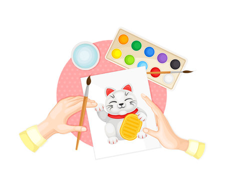 Arm Painting Beckoning Cat with Brush and Watercolour Vector Illustrationのイラスト素材