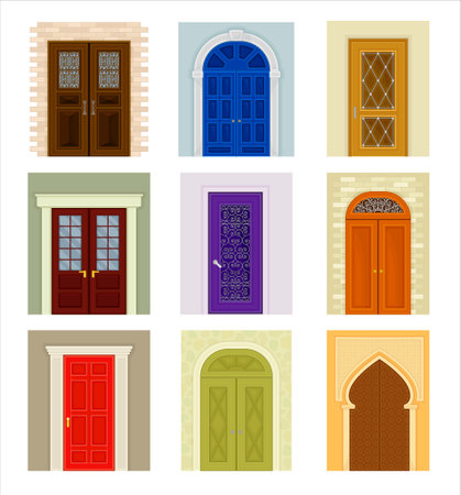 Ancient and Modern Doors as Hinged Movable Barrier Vector Setのイラスト素材