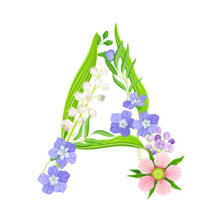Capital Alphabet Letter Composed of Flowers and Decorative Nature Elements Vector Illustrationのイラスト素材