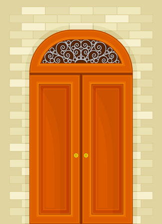 Arched Orange Double Door with Tracery as Building Entrance Exterior Vector Illustrationのイラスト素材