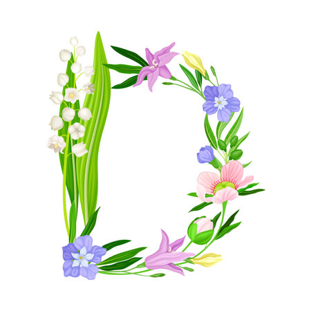 Capital Alphabet Letter Composed of Flowers and Decorative Nature Elements Vector Illustrationのイラスト素材