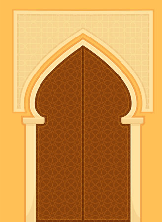 Islamic Door Decorated with Geometric Patterns as Building Entrance Exterior Vector Illustrationのイラスト素材