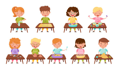 Cute Children Standing at Table and Playing Game with Water, Pebble and Sand Vector Setのイラスト素材