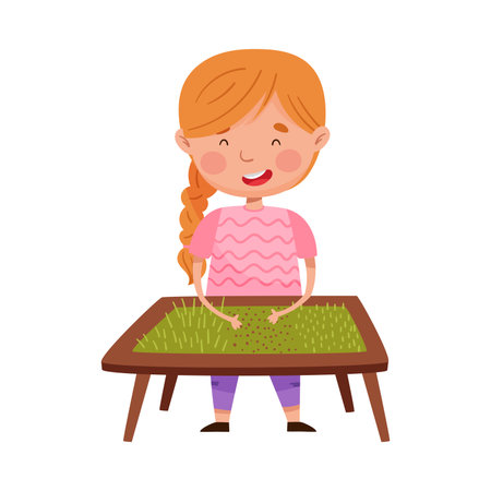 Cute Girl with Braid Standing at Table and Playing with Sticks and Dots Vector Illustrationのイラスト素材