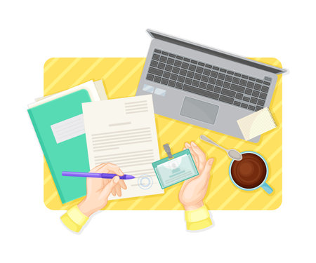 Desk Above Layout with Human Hands Signing Document with Folder and Laptop Rested Nearby Vector Illustrationのイラスト素材