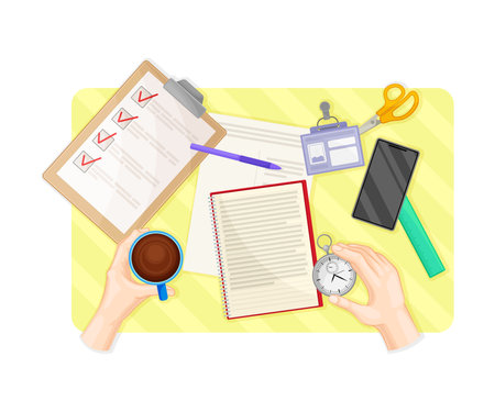 Human Hands Working with Document at Desk Arranging Time Management with Notepad and lipboard with Checkbox List Vector Illustrationのイラスト素材