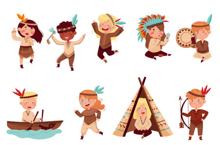 Kids in Native Indian Costumes and Headdresses Having Fun Vector Setのイラスト素材