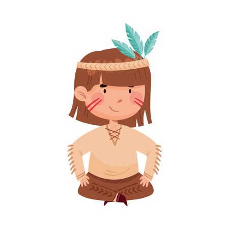 Pretty Girl with War Paint on Her Face Sitting Cross Legged Vector Illustration. Kid in Native Indian Costume and Feathered Headgear Playing and Having Fun Conceptのイラスト素材