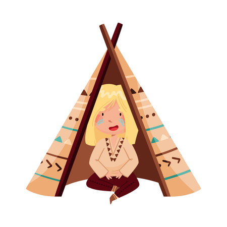 Cute Girl with Indian War Paint on Her Face and Ethnic Costume Sitting in Wigwam Vector Illustration