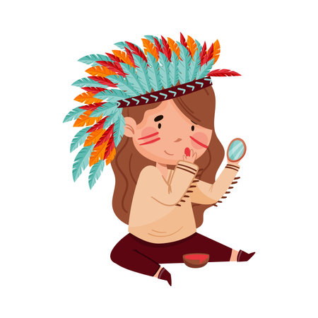 Cheerful Girl with Feathered Headgear Drawing War Paint on Her Face Vector Illustrationのイラスト素材