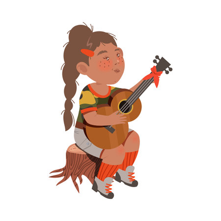 Freckled Girl Junior Scout Sitting on Stub and Playing Guitar Vector Illustrationのイラスト素材