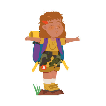 Cute Girl as Junior Scout with Backpack Standing with Outstretched Arms Vector Illustrationのイラスト素材