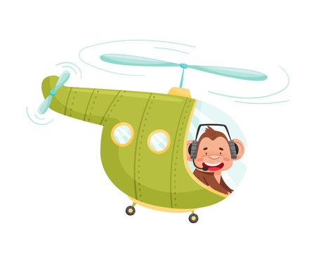 Funny Monkey with Protruding Ears Flying the Aircraft Vector Illustrationのイラスト素材