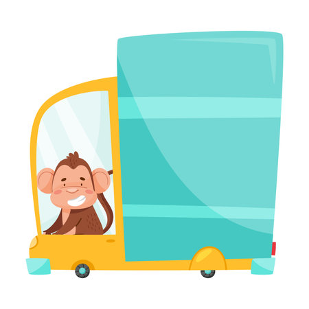 Smiling Monkey with Protruding Ears Driving Lorry Vector Illustrationのイラスト素材