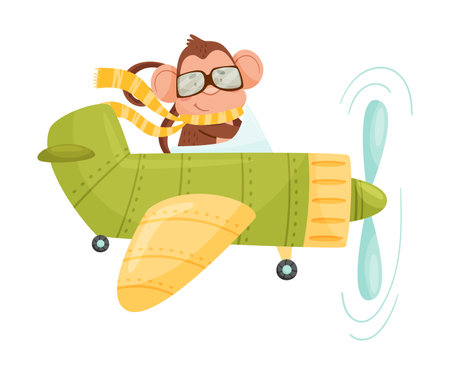 Funny Monkey with Protruding Ears Wearing Scarf and Flying the Aircraft Vector Illustrationのイラスト素材