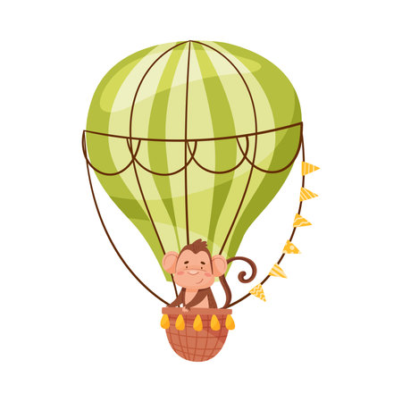 Cheerful Ape Character on Board of Air Balloon Vector Illustrationのイラスト素材