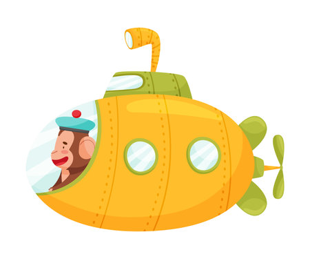 Happy Ape in Submarine Ship Swimming Underwater Vector Illustrationのイラスト素材