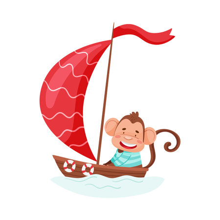 Funny Monkey with Protruding Ears and Cap Sailing Boat Vector Illustrationのイラスト素材