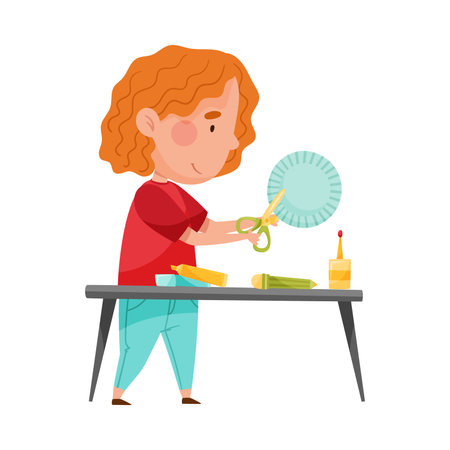 Little Girl Crafting Cutting Out Baking Cup with Scissors Vector Illustrationのイラスト素材